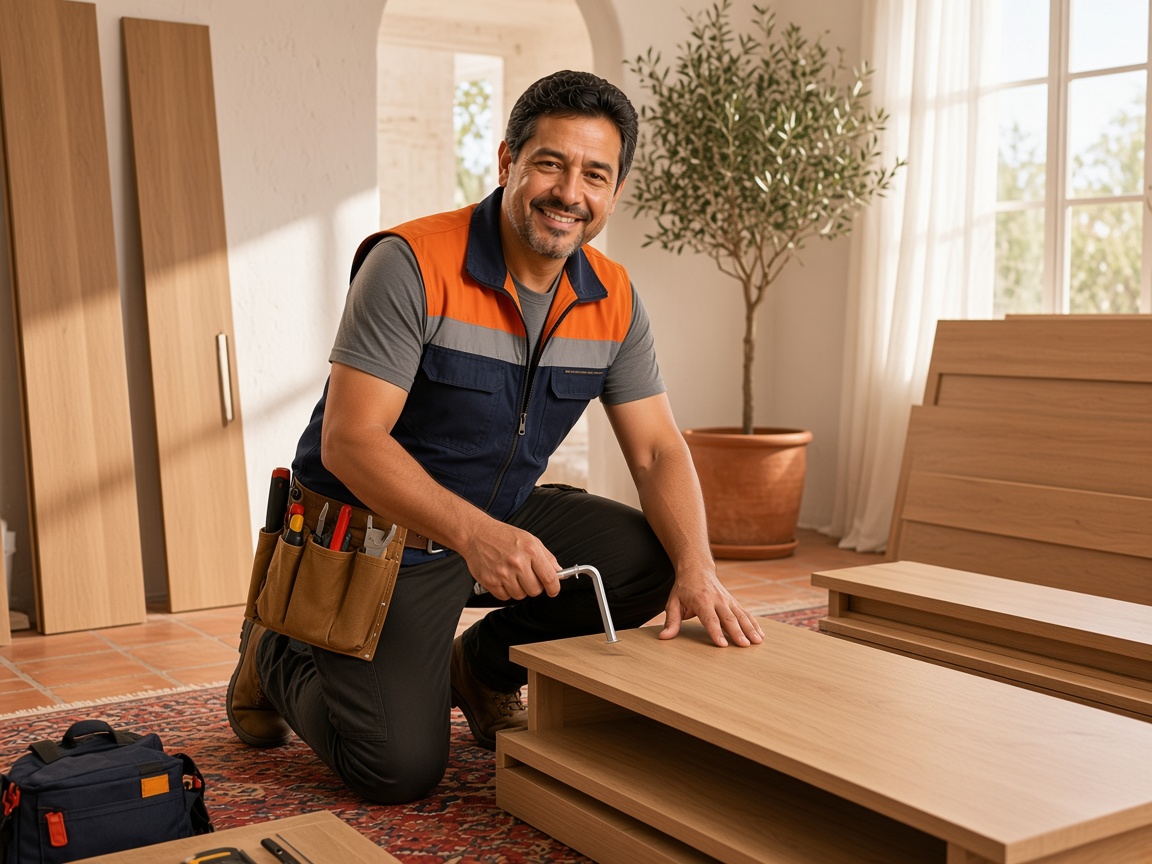 Vladimir Alejandro Urtecho Ortiz montando un mueble en el salón de una vivienda de Málaga